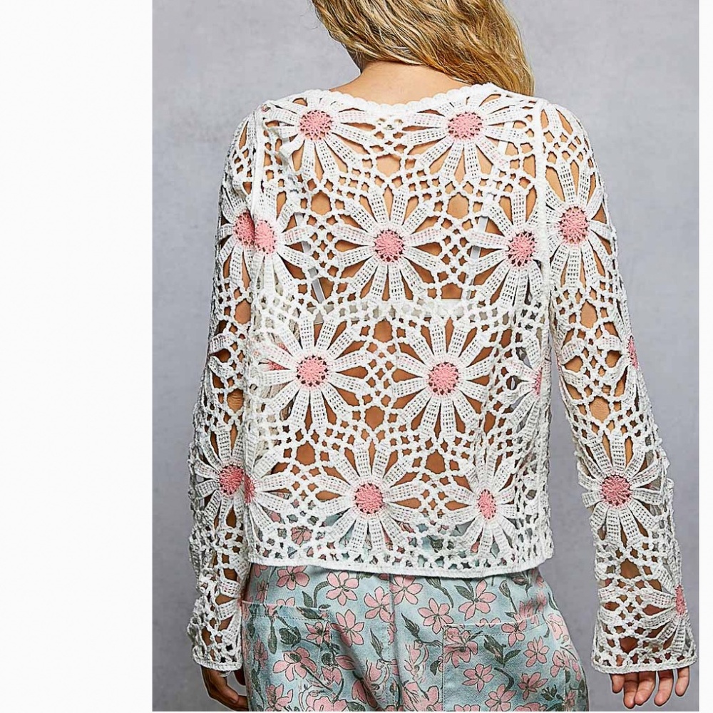POL White Crochet Floral Knit Sweater with Pink Accents - Picture 5 of 8